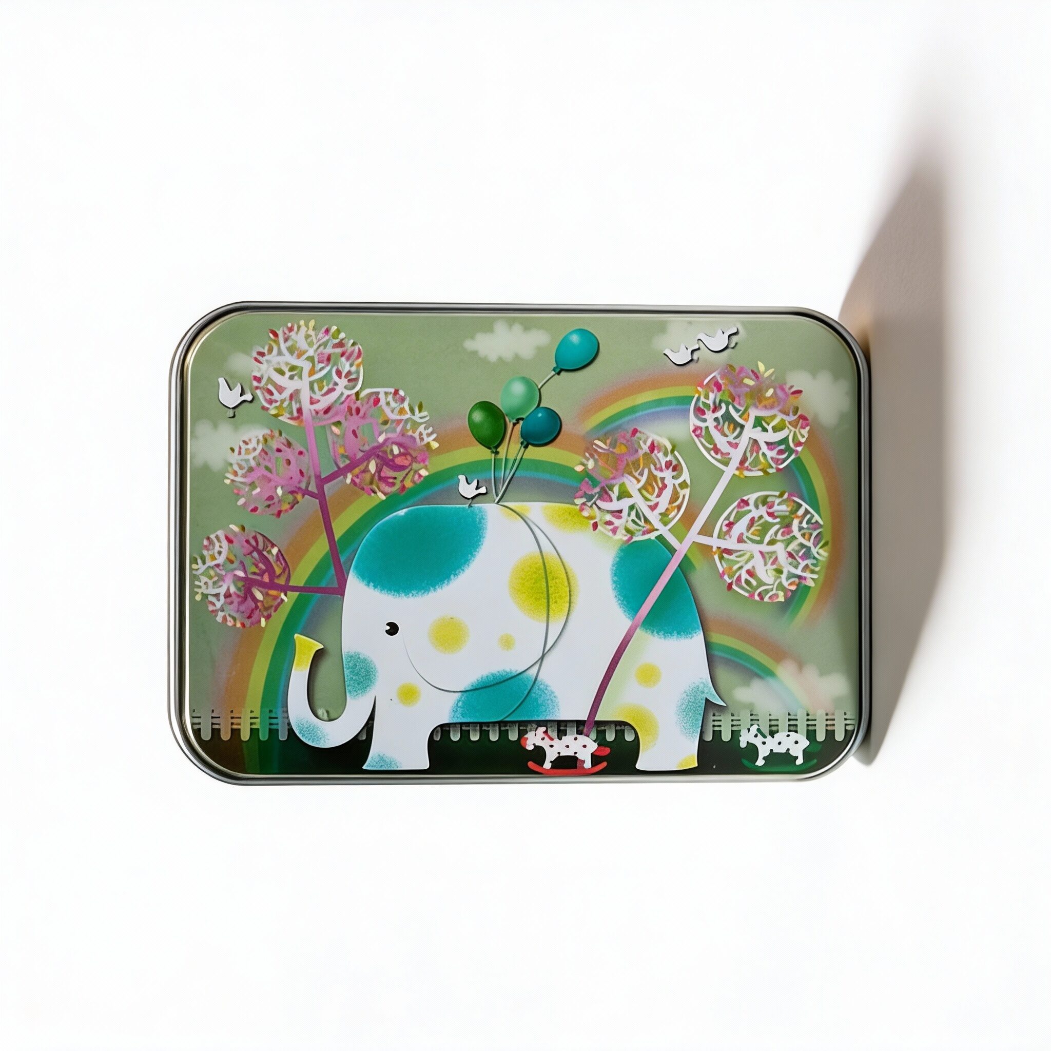 Silver Metal Tinplate Storage Container with Green Elephant Lid Silver Metal Tinplate Storage Container with Green Elephant Lid