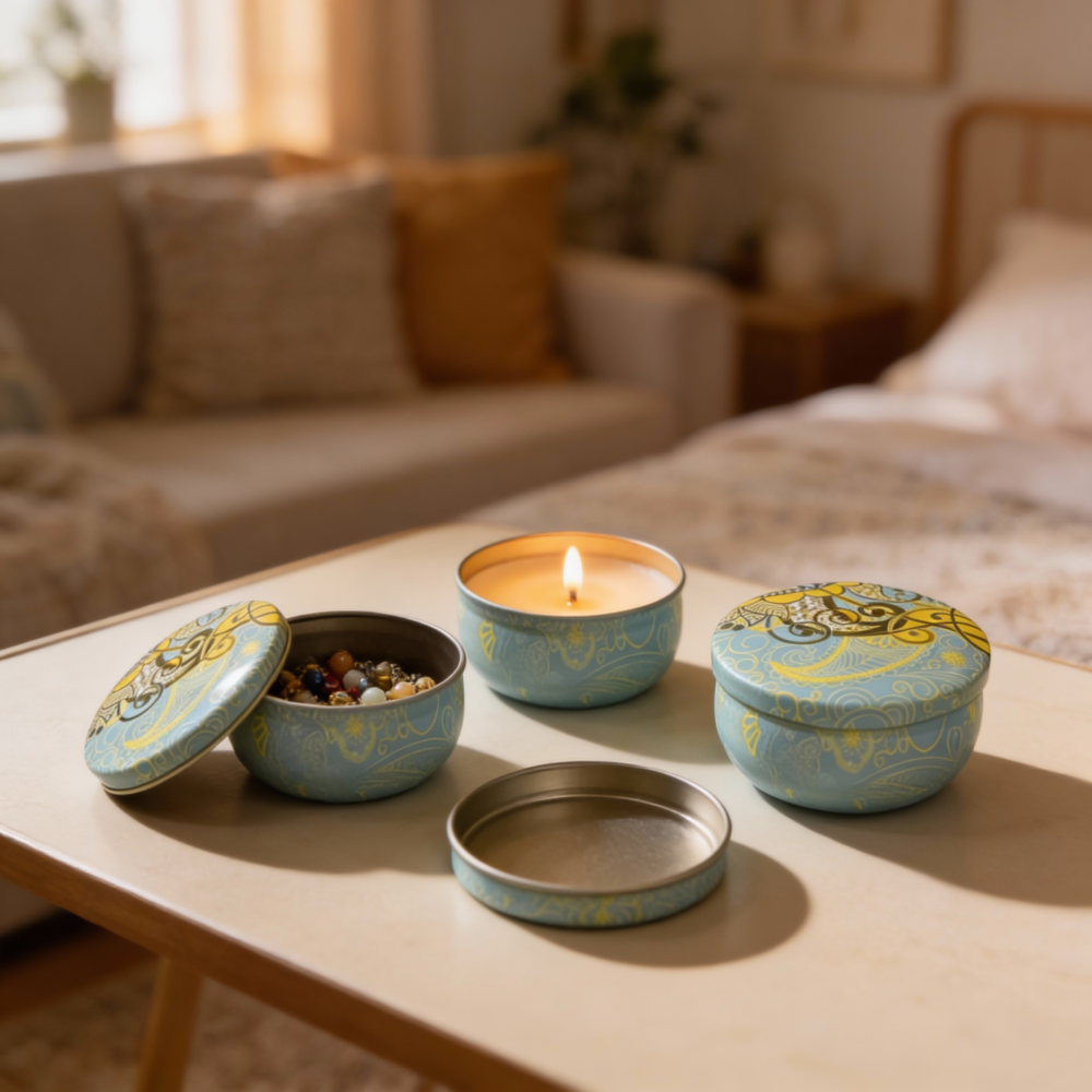 Baby Blue Metal Storage Tin with Yellow Design – 50g Capacity