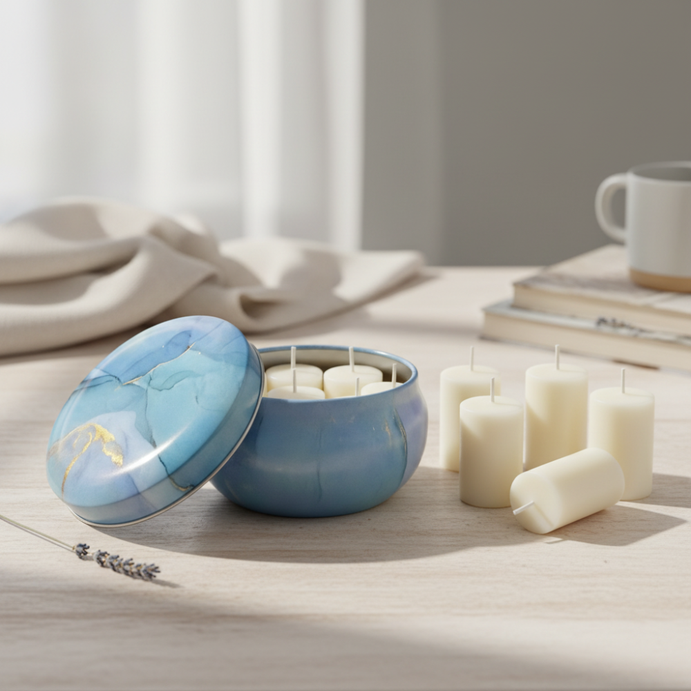 Blue Mandala Marble Metal Storage Tin 7.5 × 5 cm for Candles & Accessories – 100g