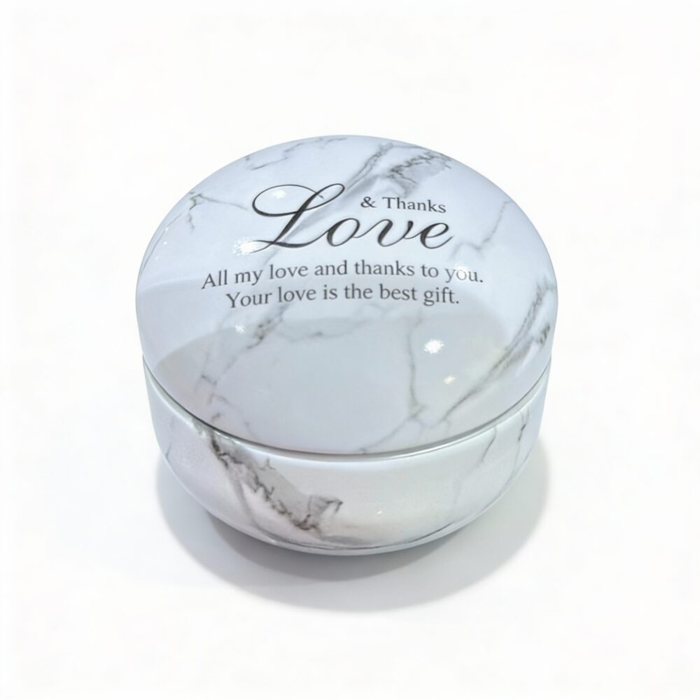 White Marble Tin with “Love” Text – Tinplate Storage for Accessories, Beads & Candles – 75g